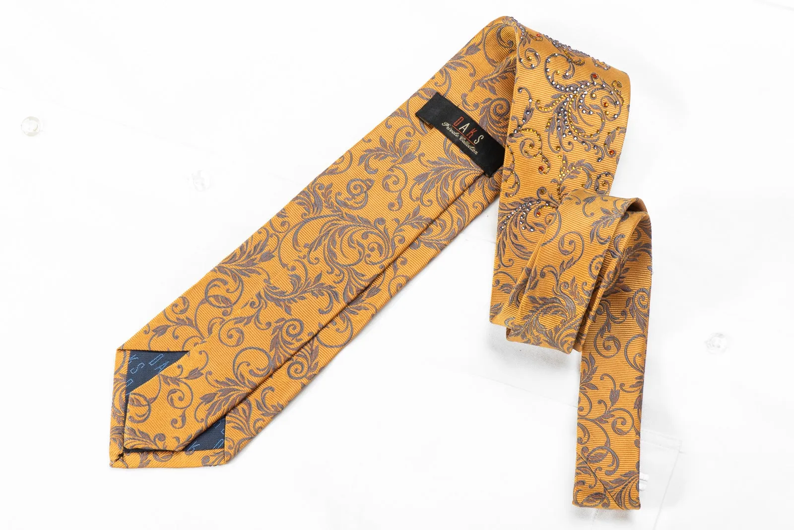 Daks Men's Crystal Silk Tie Silver Acanthus On Golden Yellow Sparkling With Rhinestones