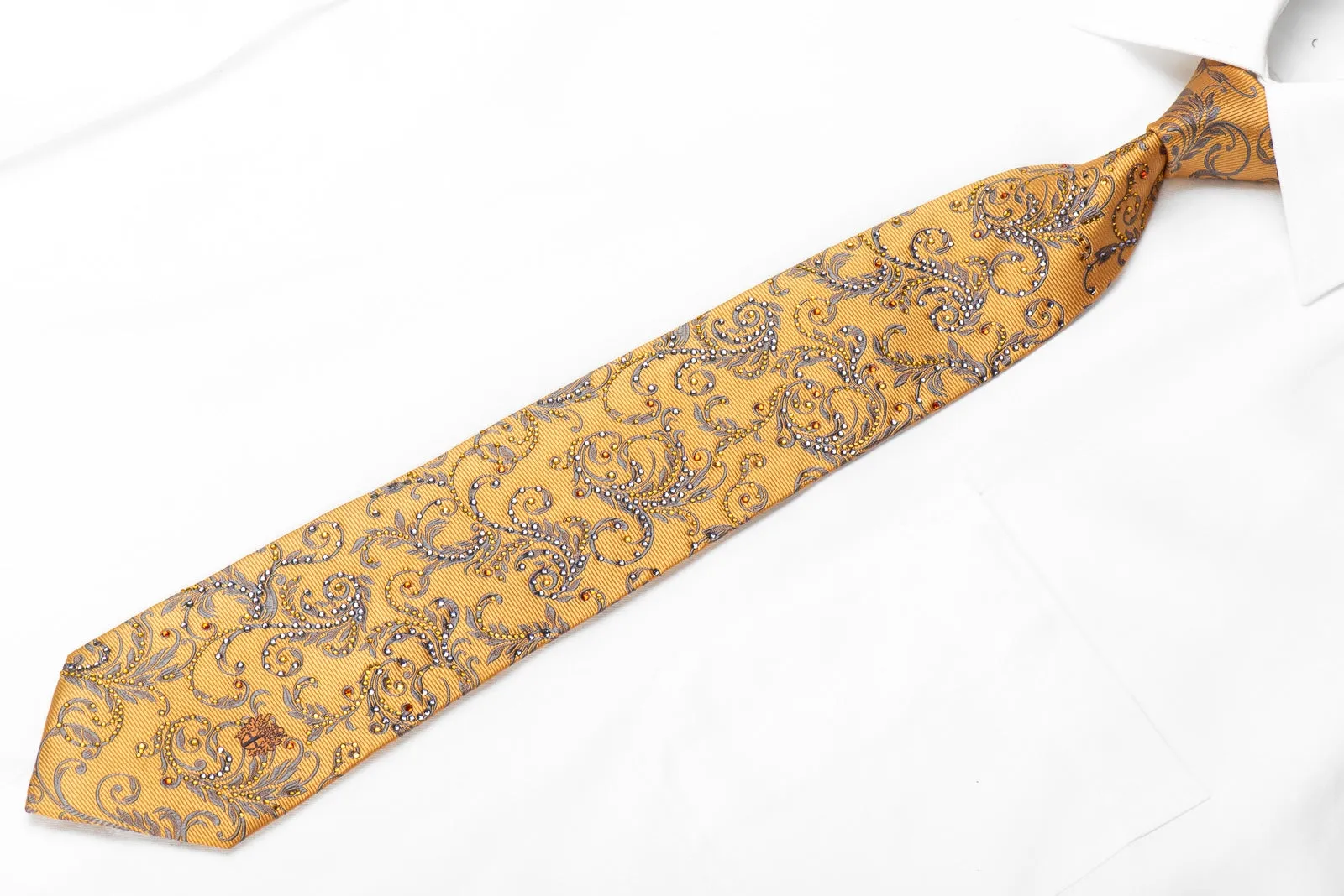 Daks Men's Crystal Silk Tie Silver Acanthus On Golden Yellow Sparkling With Rhinestones