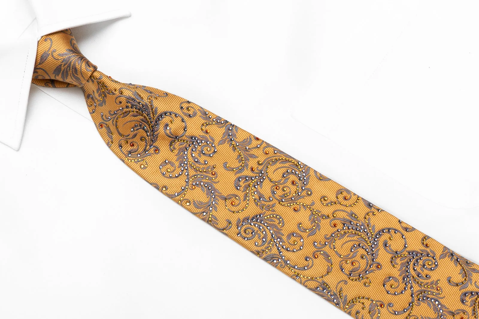 Daks Men's Crystal Silk Tie Silver Acanthus On Golden Yellow Sparkling With Rhinestones
