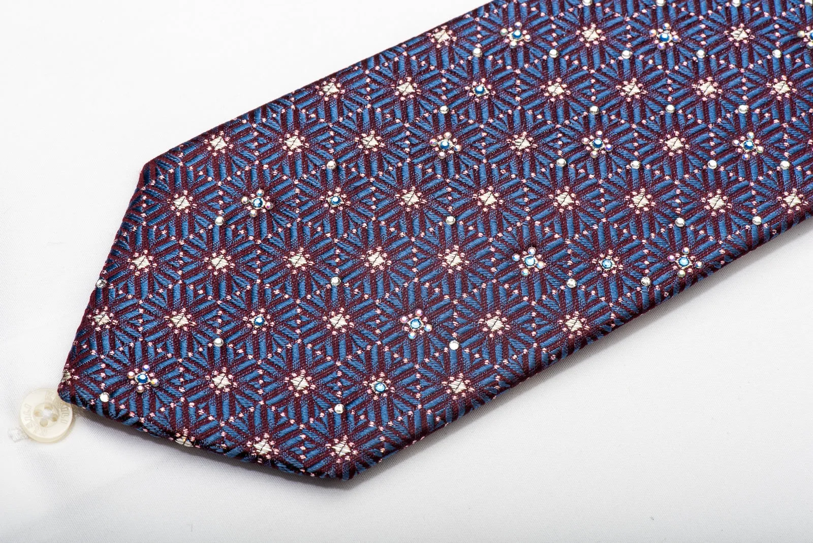 Daks Men's Silk Necktie Blue Geometric On Burgundy Sparkling With Rhinestones