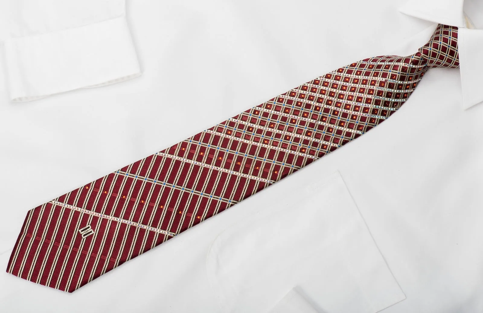 Daks Rhinestone Tie Silver Stripes On Burgundy With Sparkles