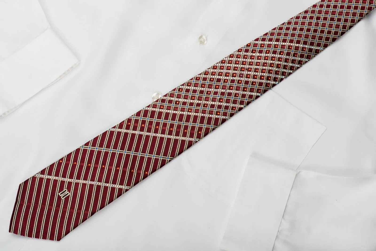 Daks Rhinestone Tie Silver Stripes On Burgundy With Sparkles