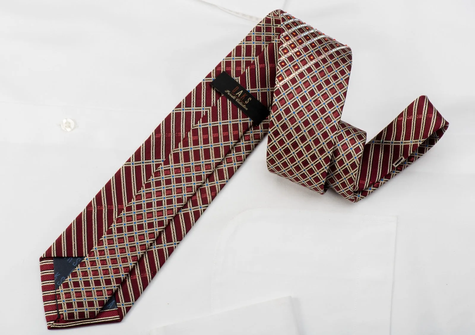 Daks Rhinestone Tie Silver Stripes On Burgundy With Sparkles
