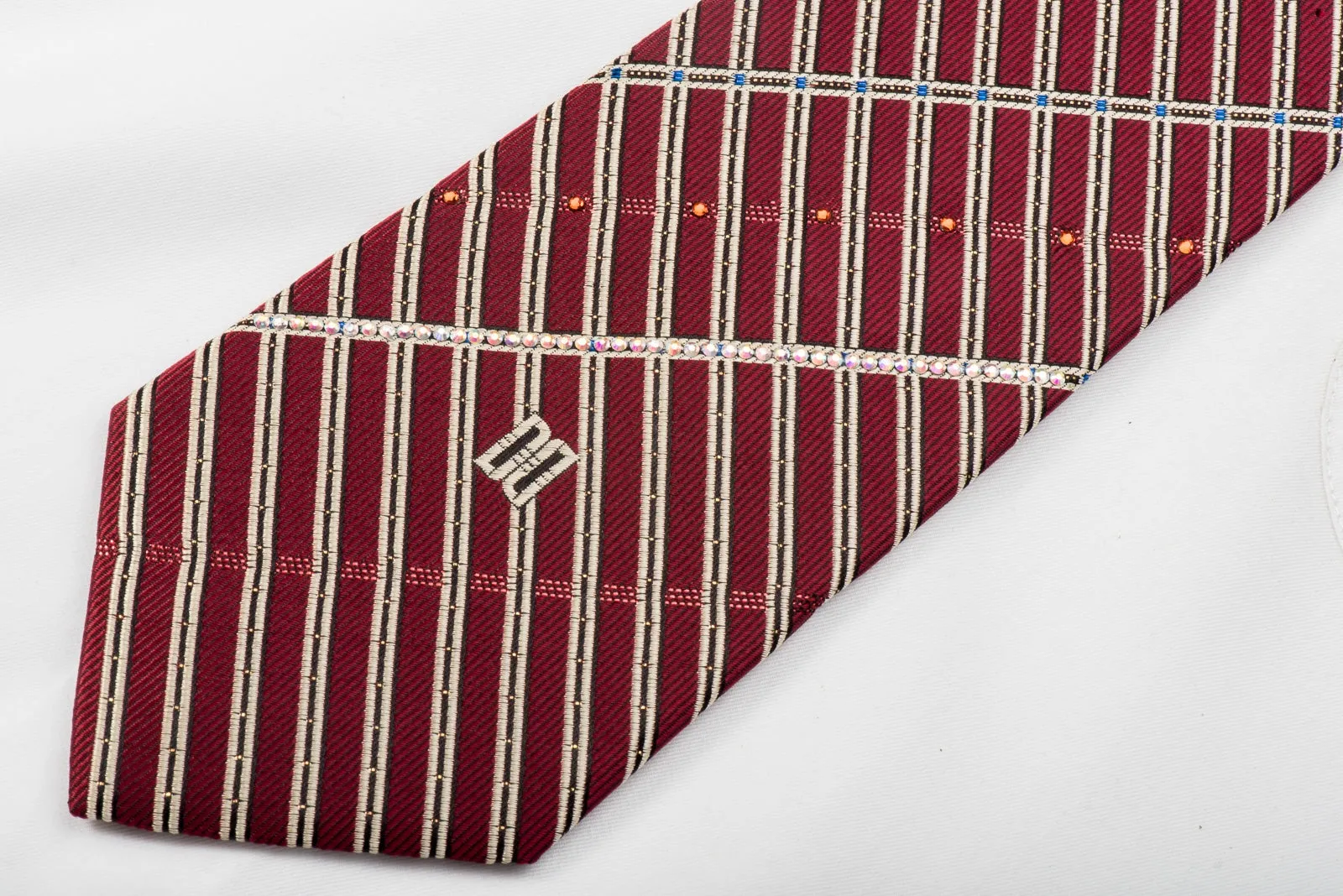 Daks Rhinestone Tie Silver Stripes On Burgundy With Sparkles