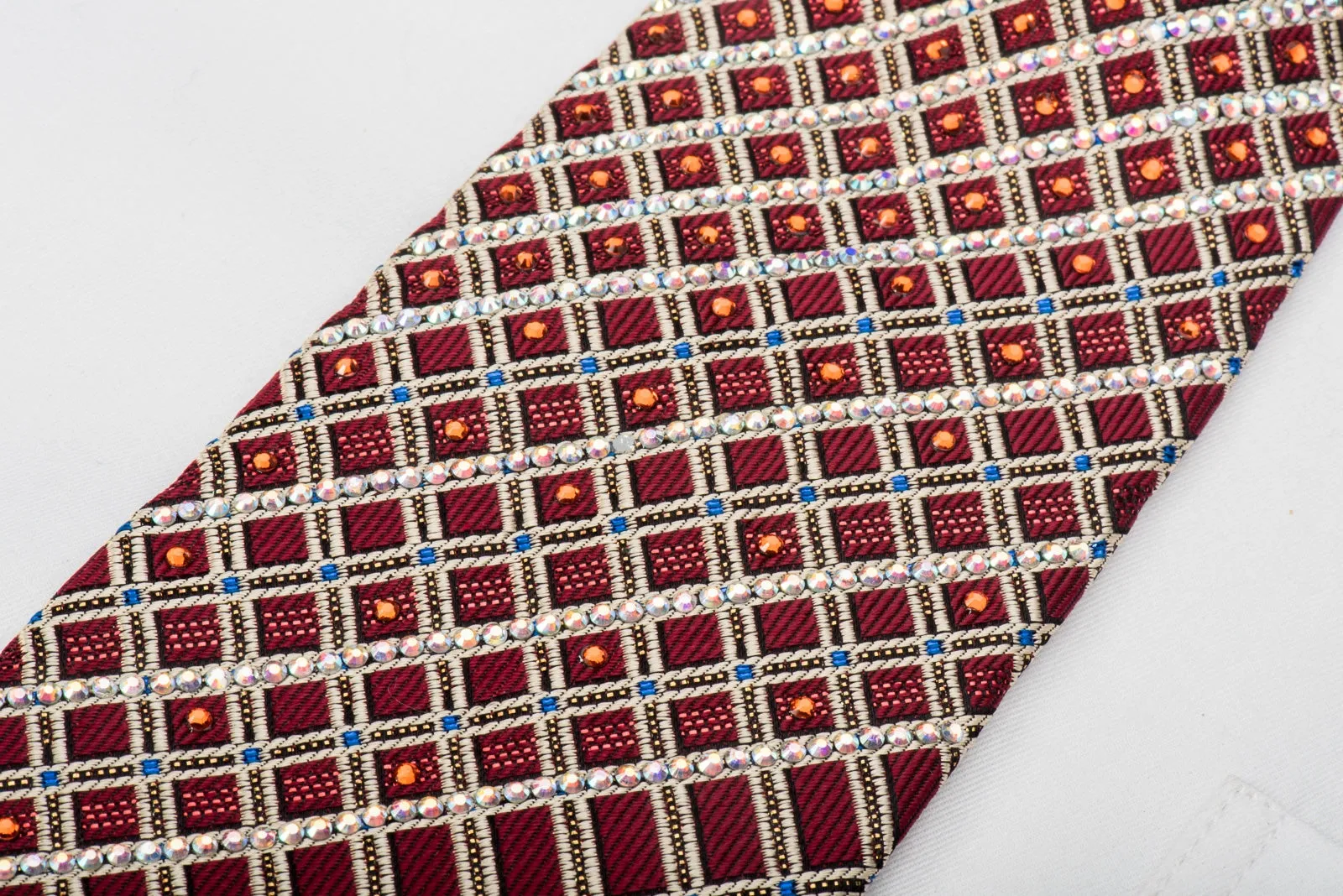 Daks Rhinestone Tie Silver Stripes On Burgundy With Sparkles