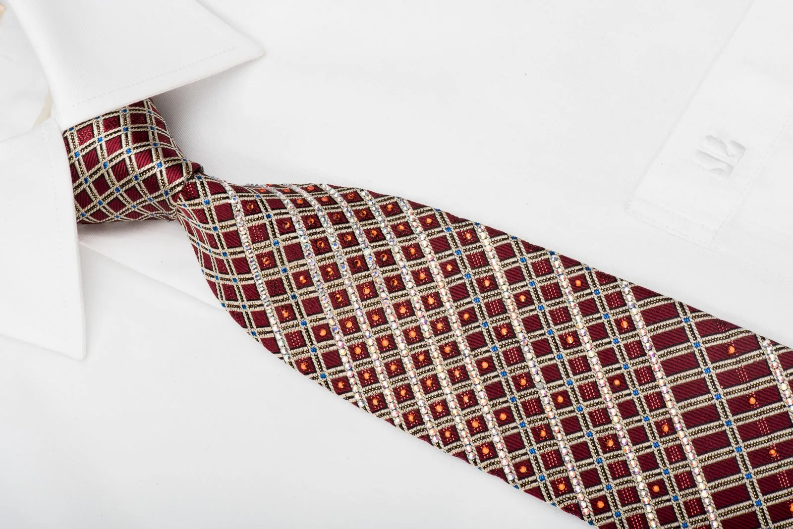 Daks Rhinestone Tie Silver Stripes On Burgundy With Sparkles