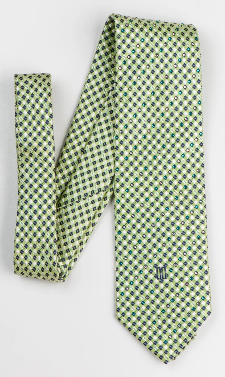 Daks Silk Neck Tie Lime Green & Black Checks With Silver Sparkles & Rhinestones