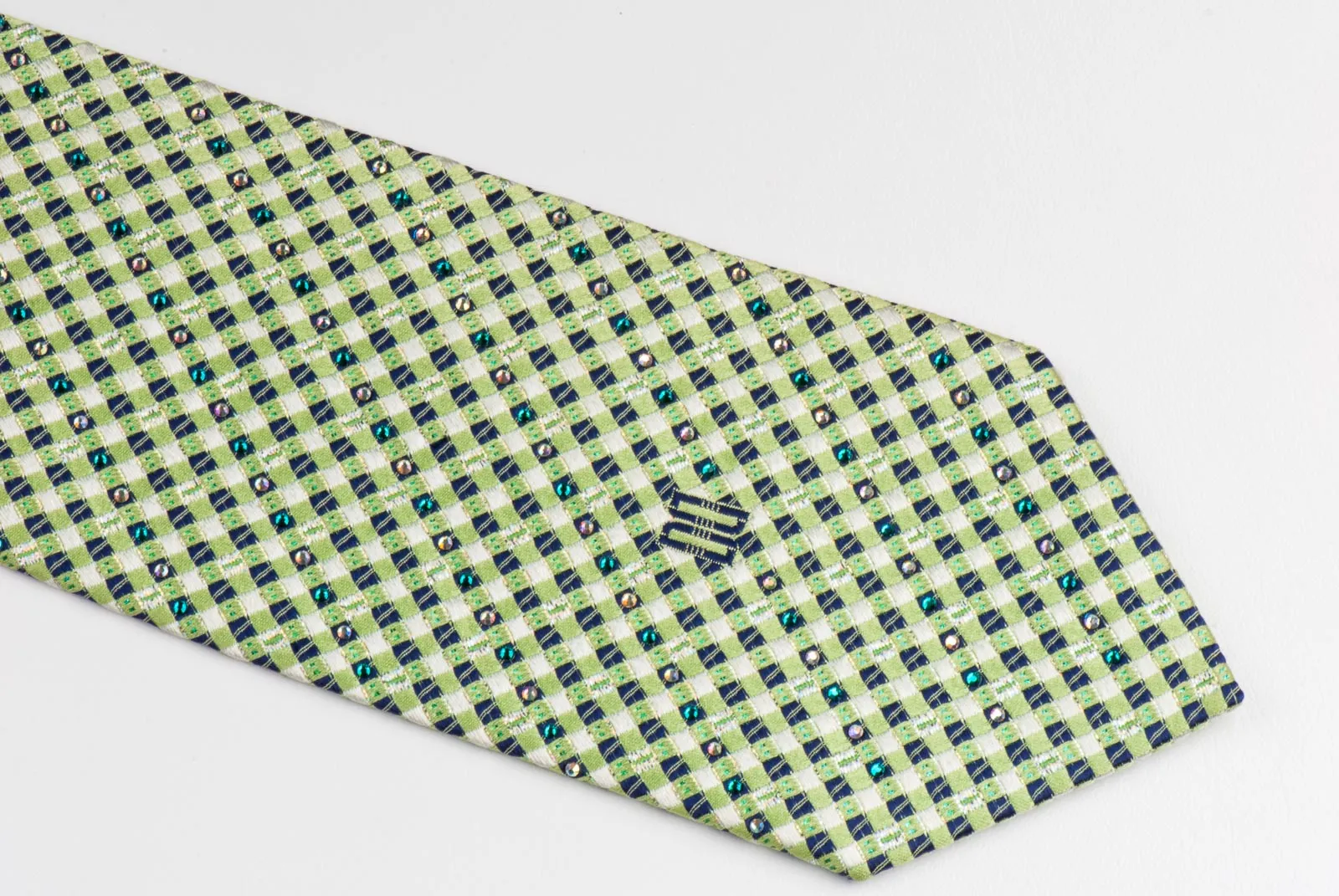 Daks Silk Neck Tie Lime Green & Black Checks With Silver Sparkles & Rhinestones