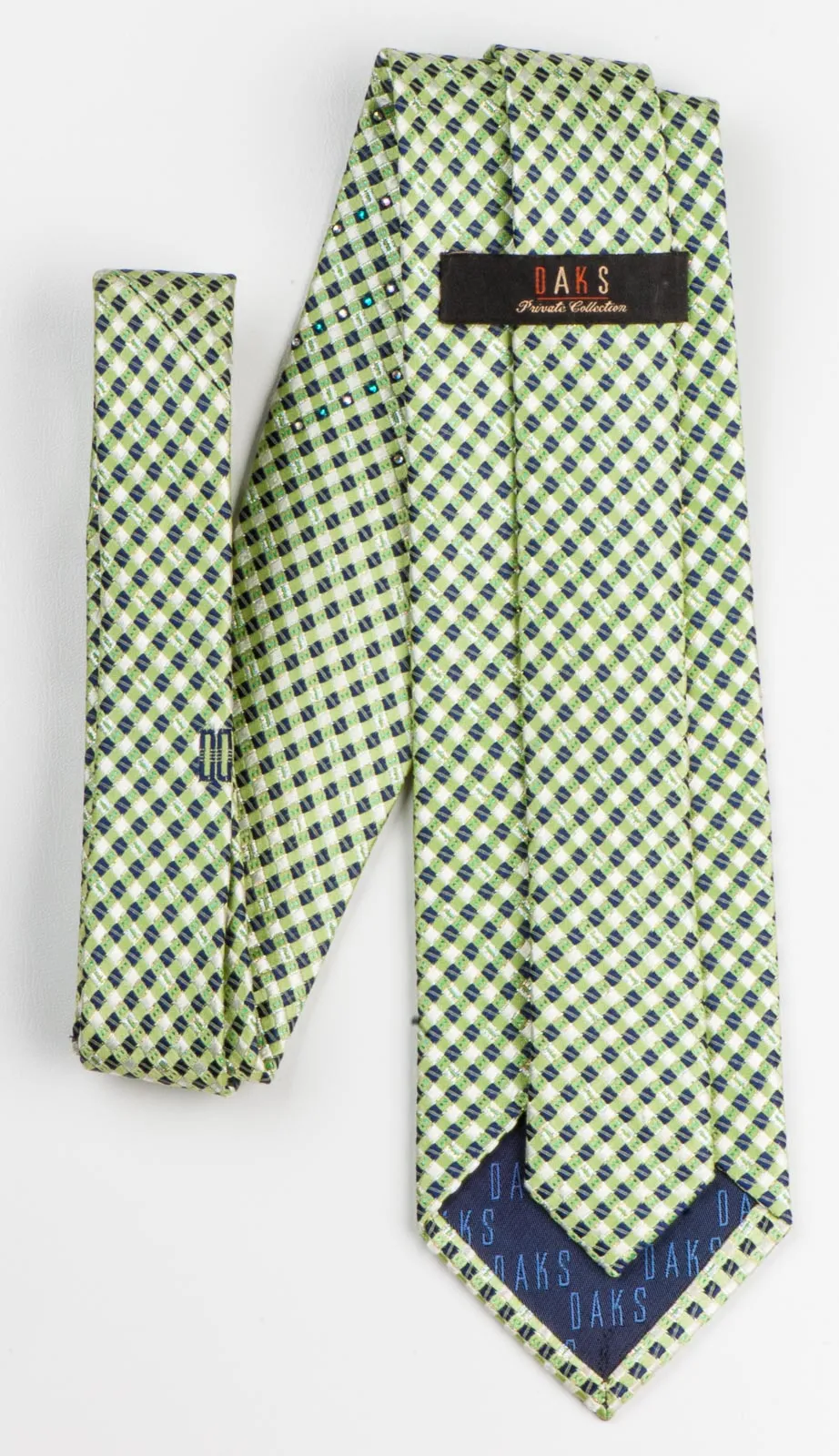 Daks Silk Neck Tie Lime Green & Black Checks With Silver Sparkles & Rhinestones