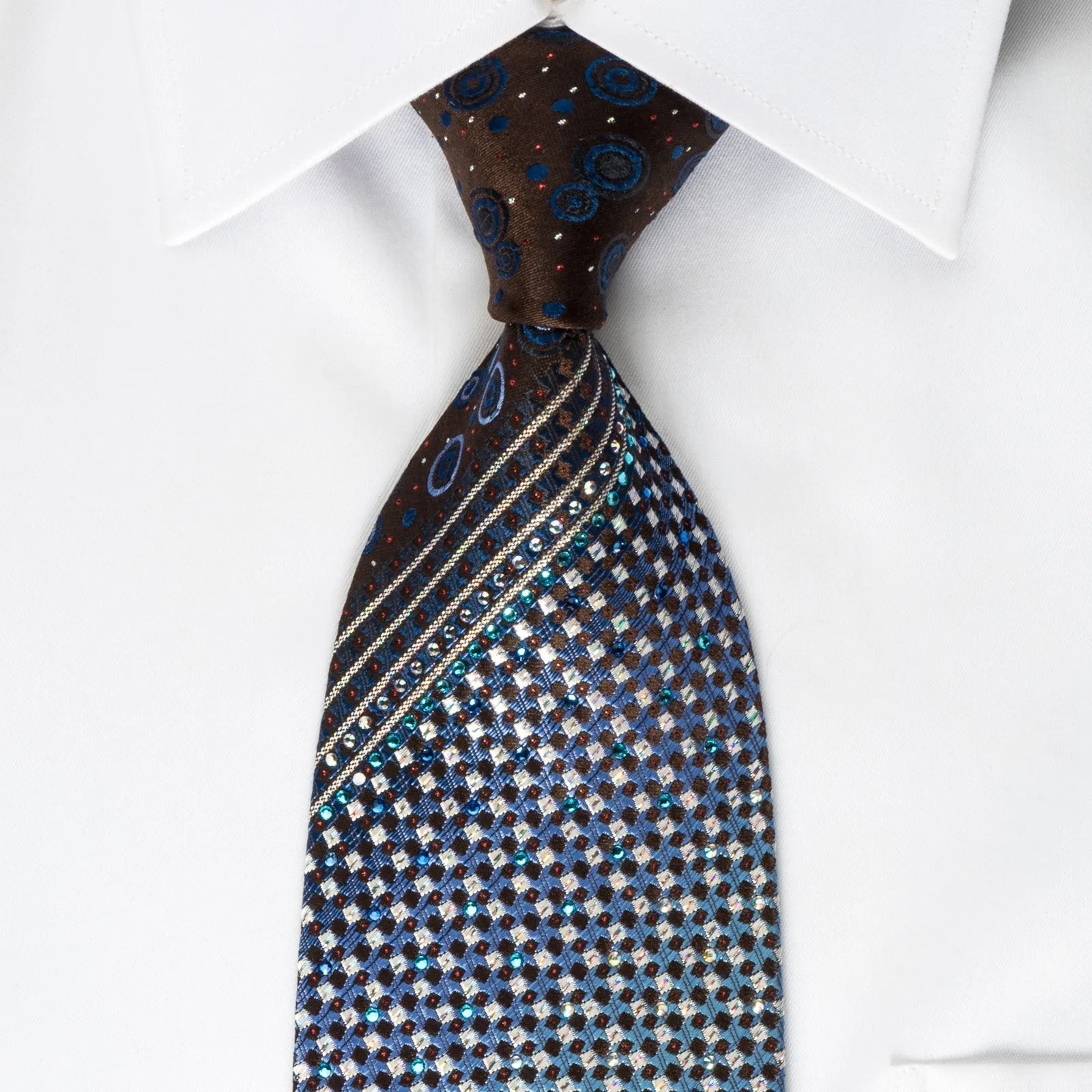 Daks Silk Tie Silver Blue Micro Squares On Brown With Bling Rhinestone & Sparkles