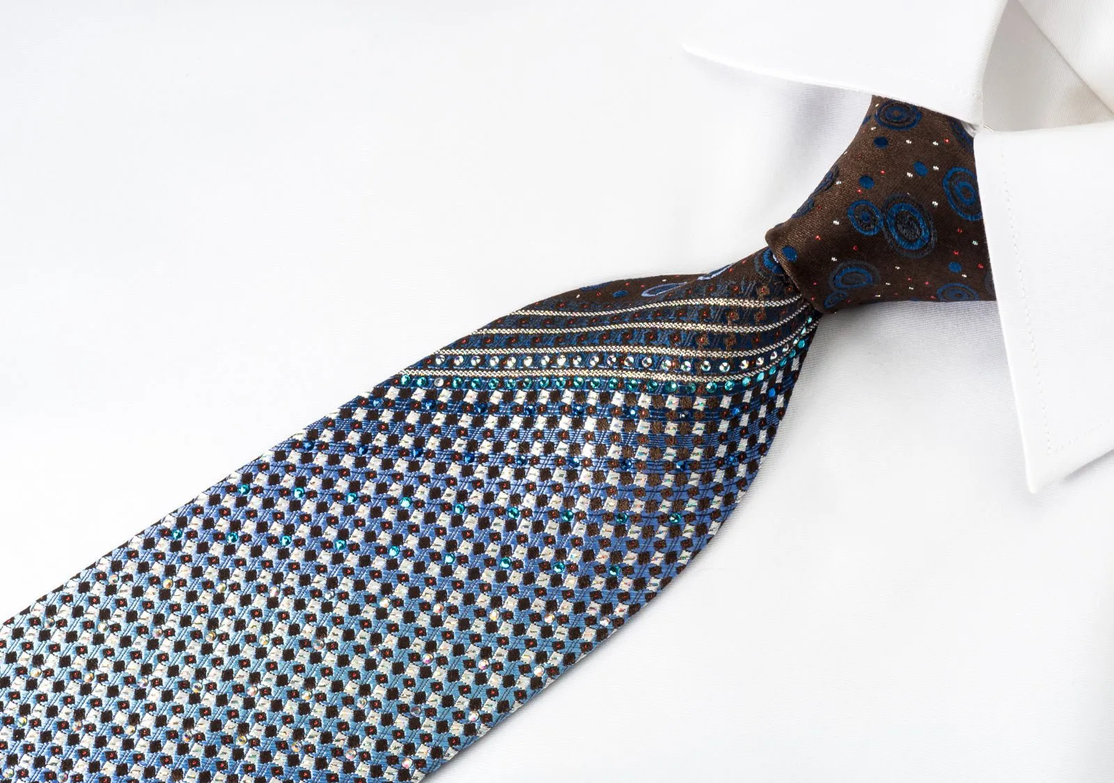 Daks Silk Tie Silver Blue Micro Squares On Brown With Bling Rhinestone & Sparkles