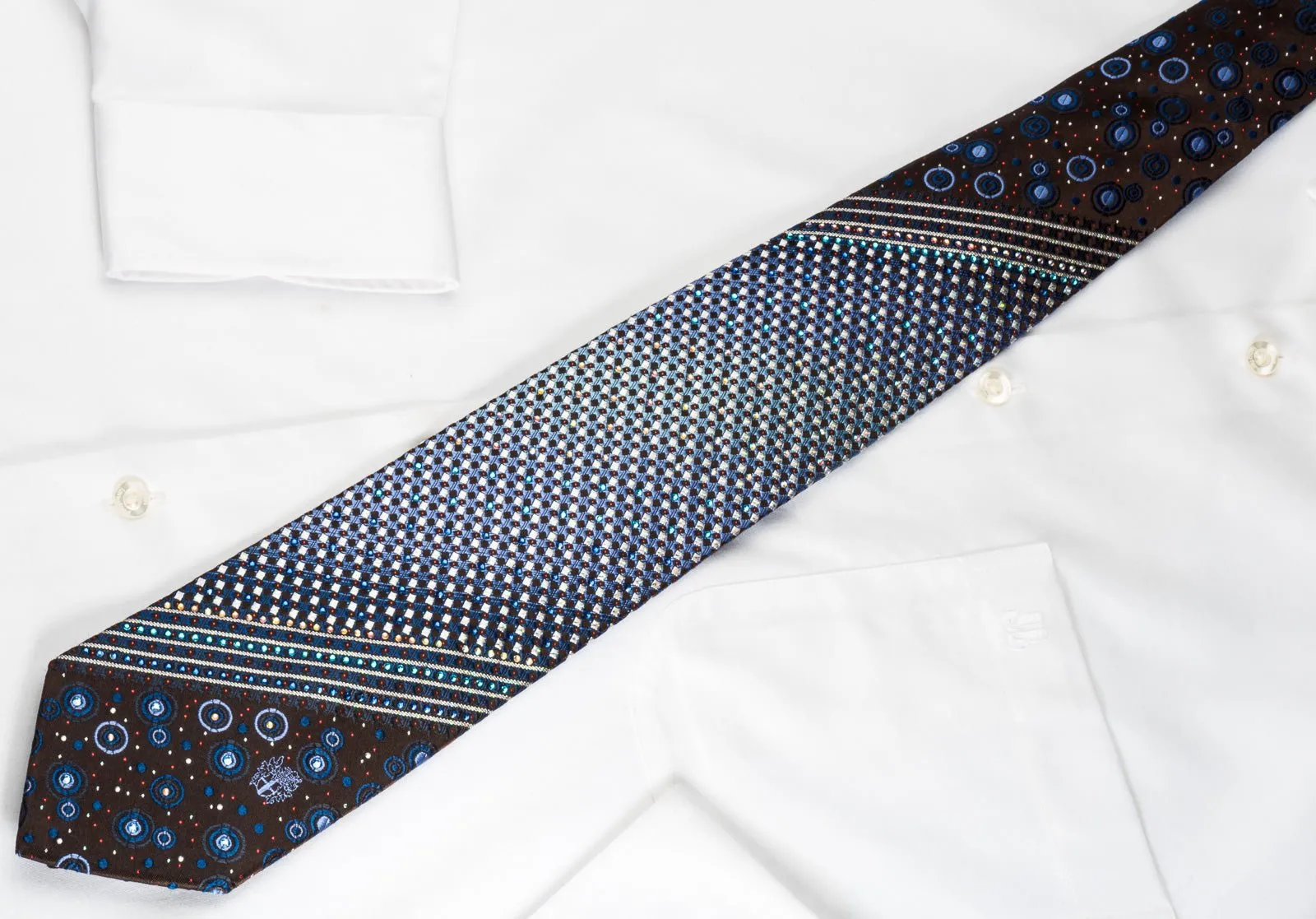 Daks Silk Tie Silver Blue Micro Squares On Brown With Bling Rhinestone & Sparkles