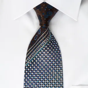 Daks Silk Tie Silver Blue Micro Squares On Brown With Bling Rhinestone & Sparkles