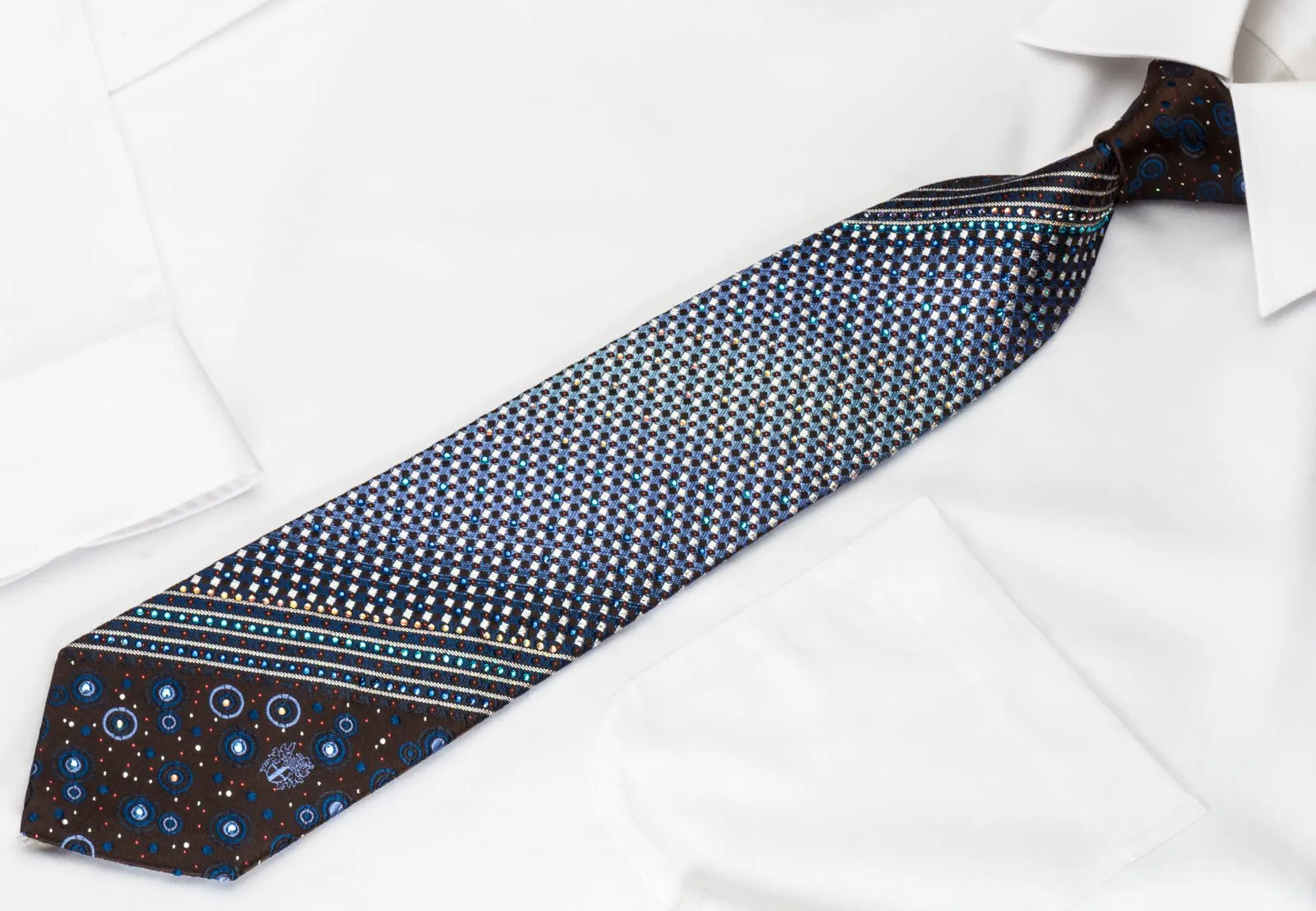 Daks Silk Tie Silver Blue Micro Squares On Brown With Bling Rhinestone & Sparkles
