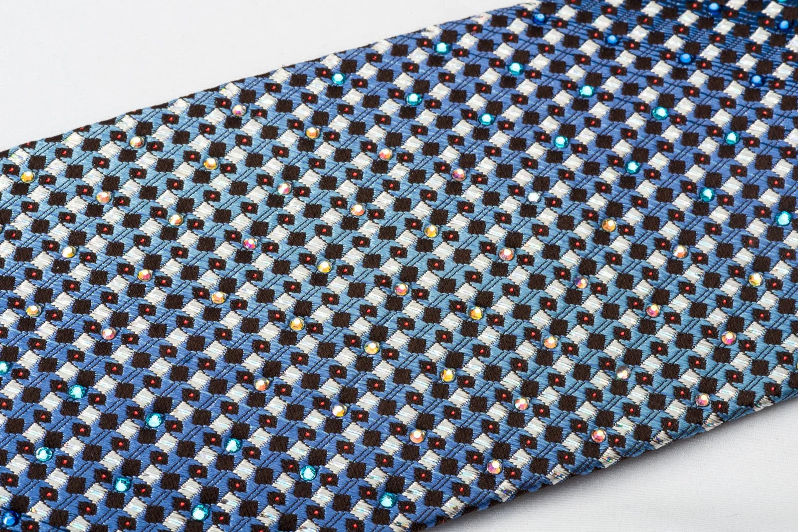 Daks Silk Tie Silver Blue Micro Squares On Brown With Bling Rhinestone & Sparkles