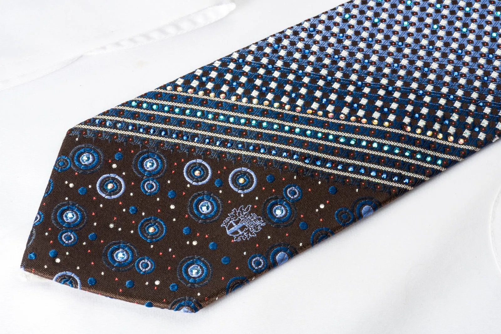 Daks Silk Tie Silver Blue Micro Squares On Brown With Bling Rhinestone & Sparkles