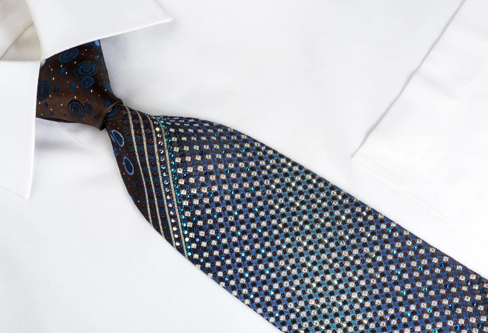 Daks Silk Tie Silver Blue Micro Squares On Brown With Bling Rhinestone & Sparkles