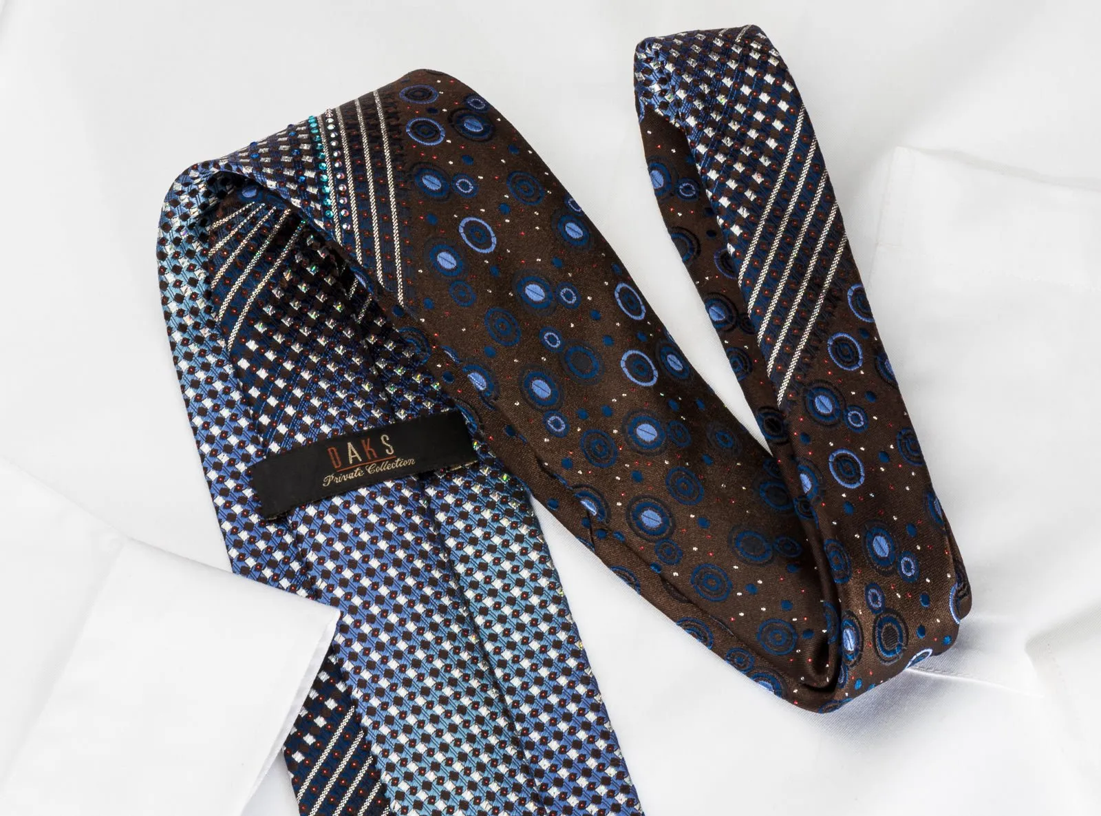 Daks Silk Tie Silver Blue Micro Squares On Brown With Bling Rhinestone & Sparkles