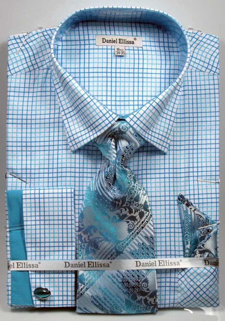 Daniel & Ellisa DS3781P2 Men's Multi Checker French Cuff Shirts with Cuff Links