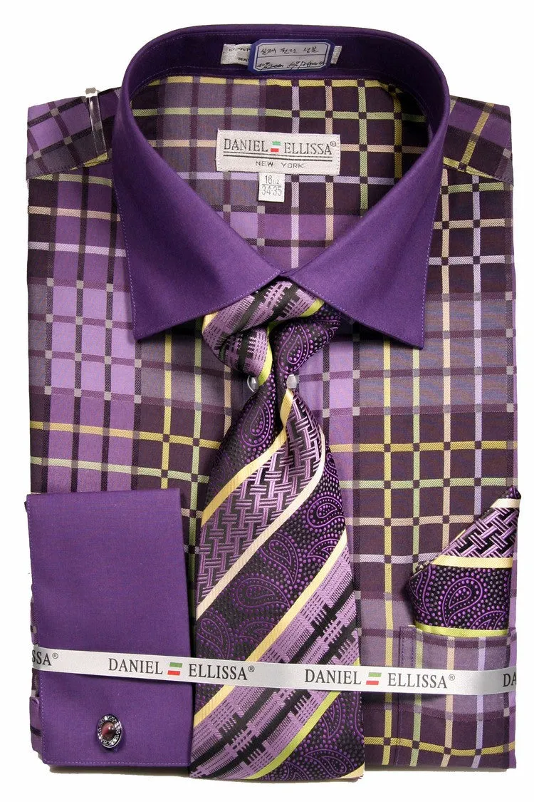 Daniel & Ellisa DS3785P2 Men's Checker Pattern French Cuff Shirts with Cuff Links