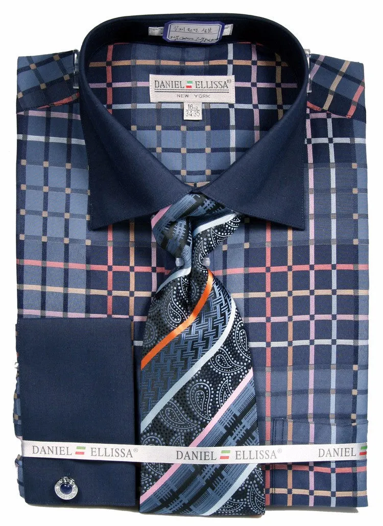Daniel & Ellisa DS3785P2 Men's Checker Pattern French Cuff Shirts with Cuff Links