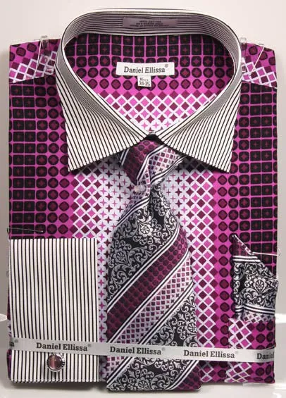 Daniel & Ellisa DS3786P2 Men's French Cuff Dress Geometric Pattern Shirts with Cuff Links
