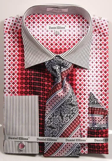 Daniel & Ellisa DS3786P2 Men's French Cuff Dress Geometric Pattern Shirts with Cuff Links