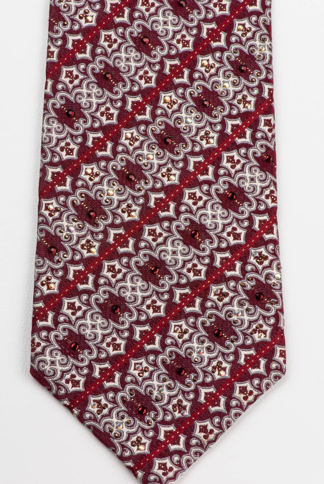 Daniel Hechter Men's Rhinestone Necktie Striped Silver Damask Motif On Burgundy