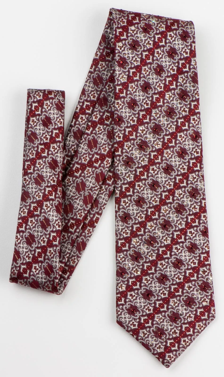 Daniel Hechter Men's Rhinestone Necktie Striped Silver Damask Motif On Burgundy