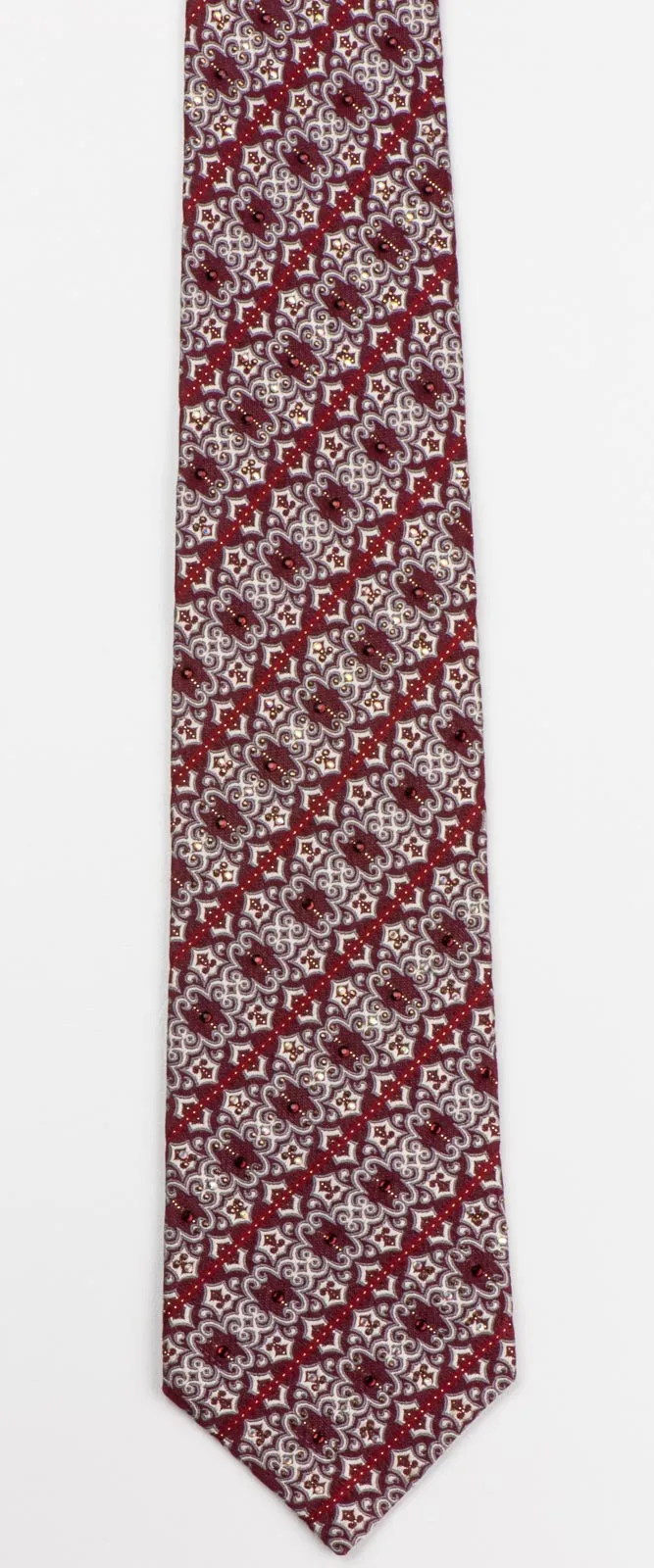 Daniel Hechter Men's Rhinestone Necktie Striped Silver Damask Motif On Burgundy