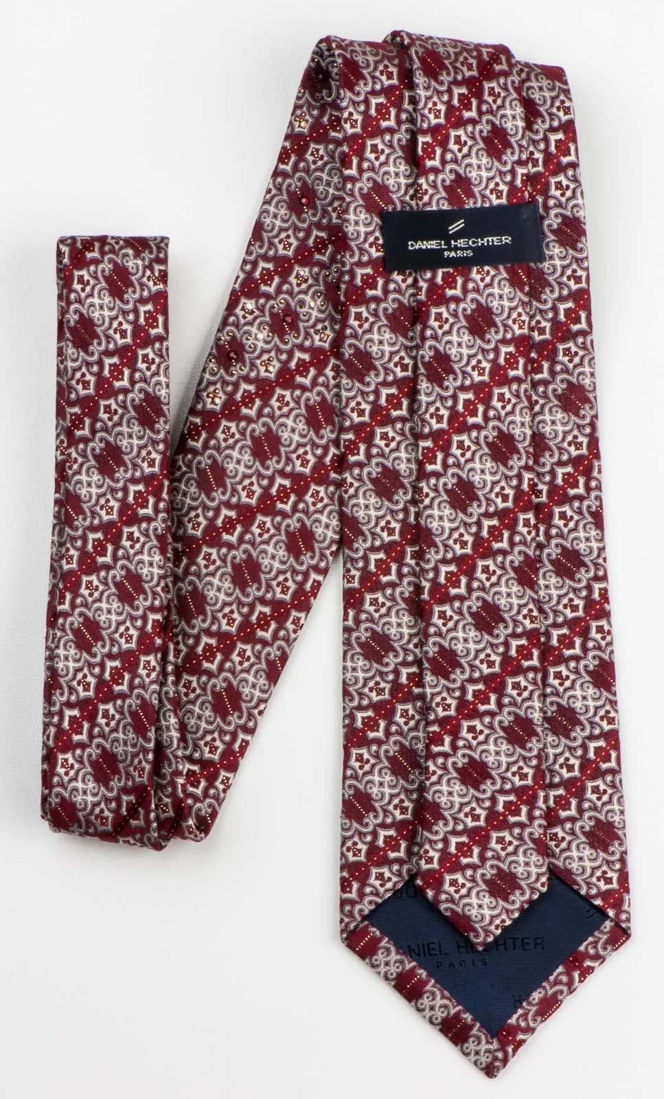 Daniel Hechter Men's Rhinestone Necktie Striped Silver Damask Motif On Burgundy