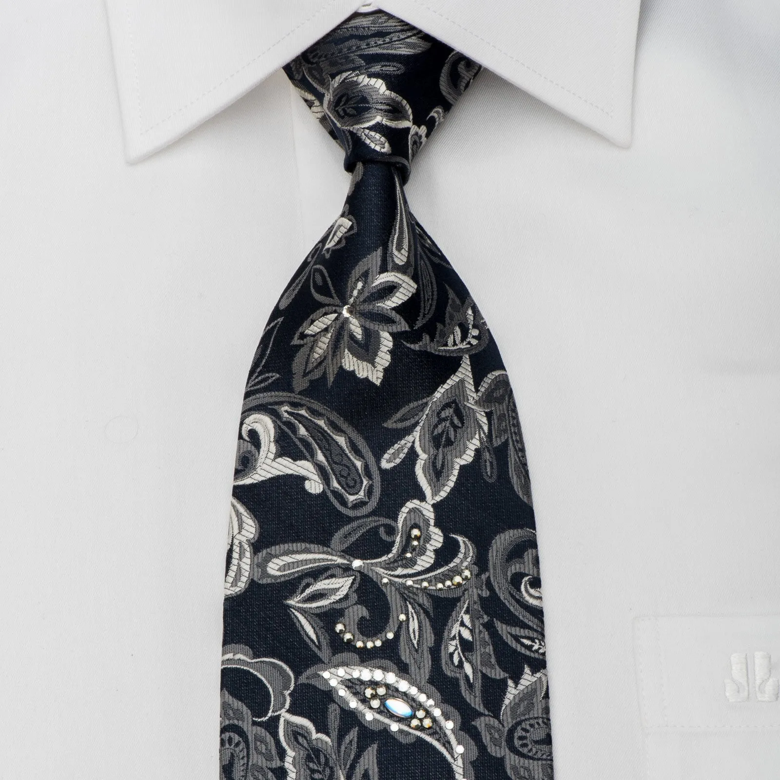 Daniel Hechter Mens Silk Necktie Silver Paisley On Black Sparkling With Rhinestones