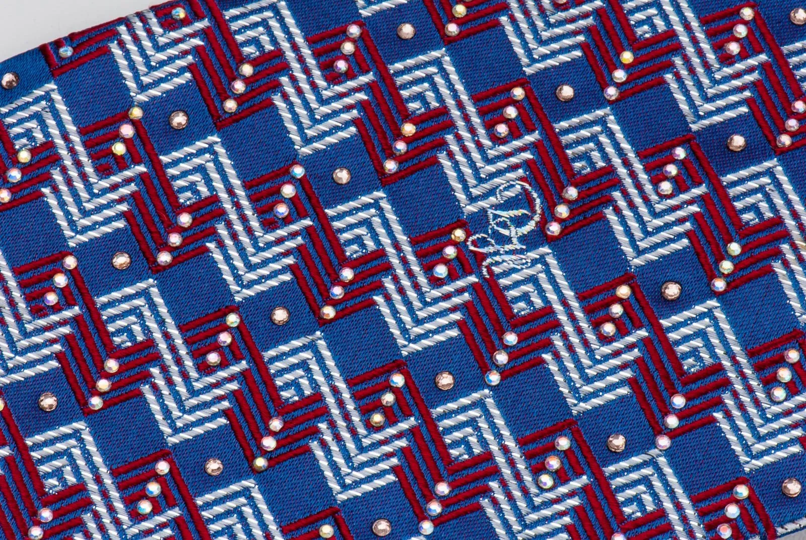 Daniel Hechter Men's Silk Rhinestone Necktie Silver & Red Lattice On Blue With Silver Sparkles
