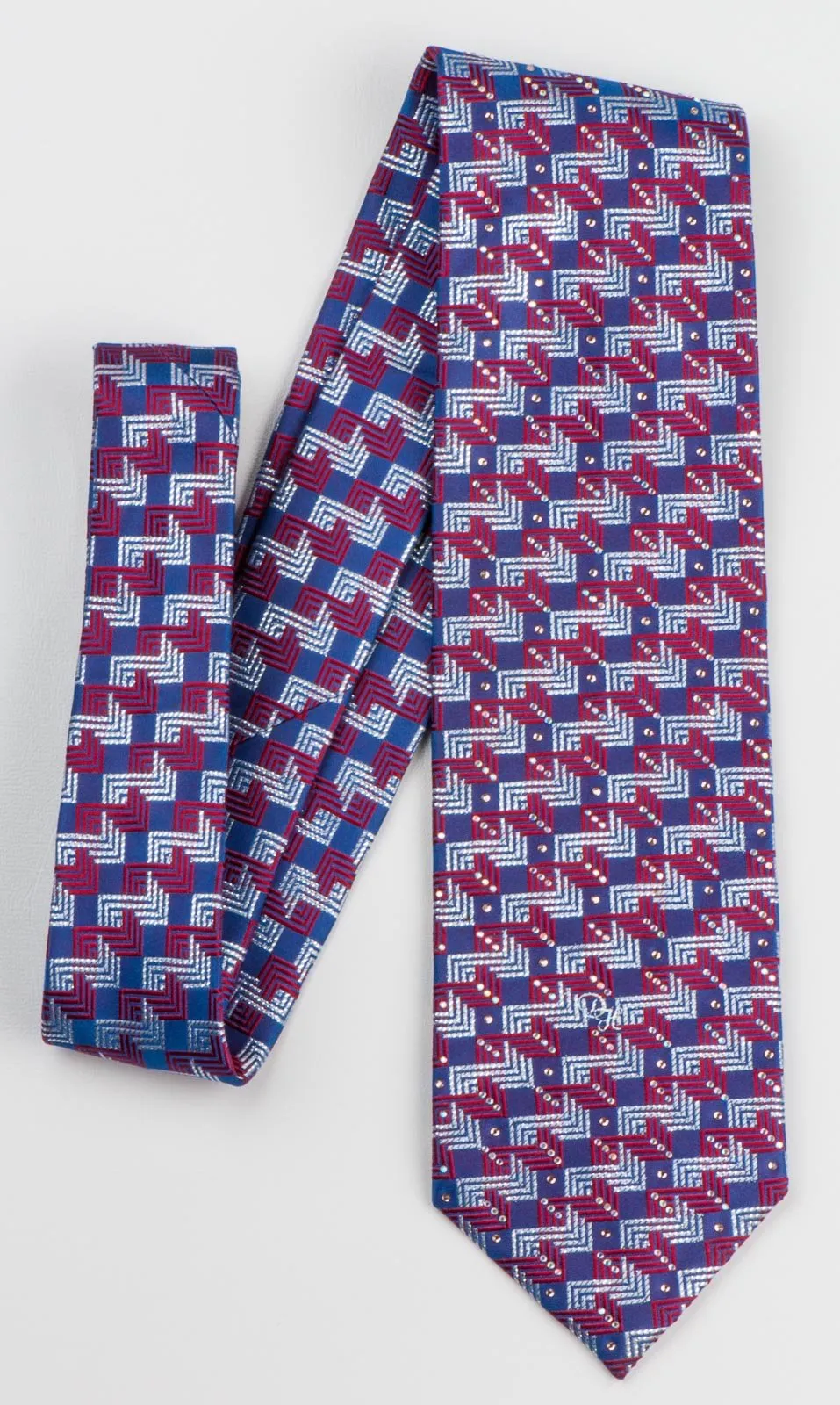 Daniel Hechter Men's Silk Rhinestone Necktie Silver & Red Lattice On Blue With Silver Sparkles