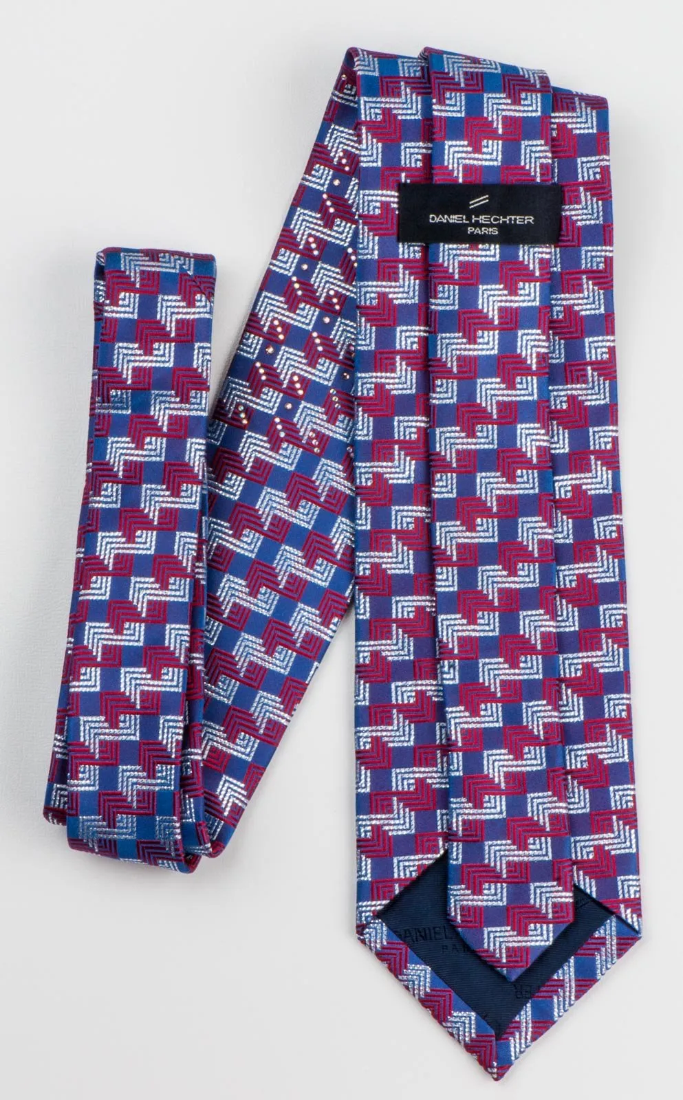 Daniel Hechter Men's Silk Rhinestone Necktie Silver & Red Lattice On Blue With Silver Sparkles