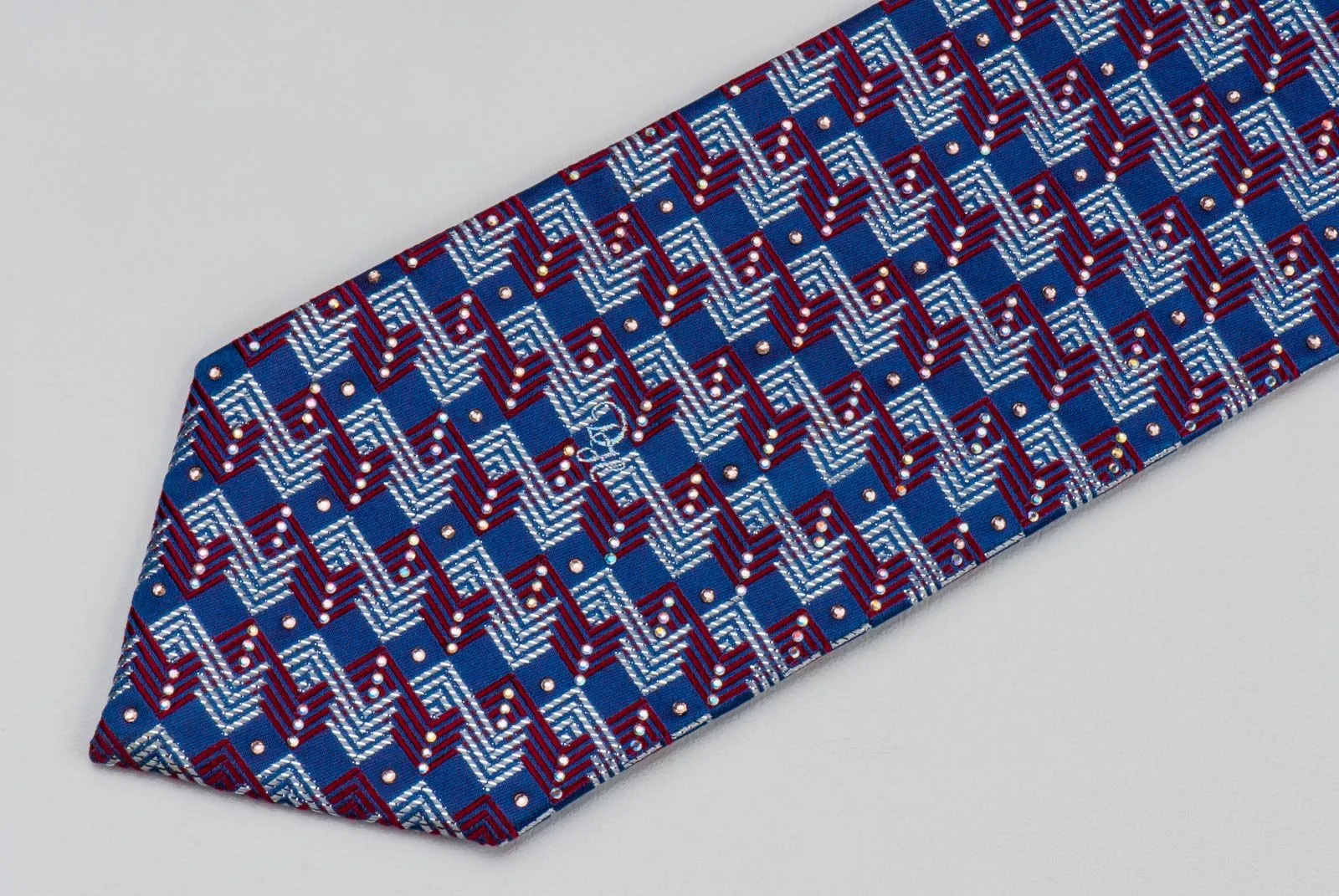 Daniel Hechter Men's Silk Rhinestone Necktie Silver & Red Lattice On Blue With Silver Sparkles