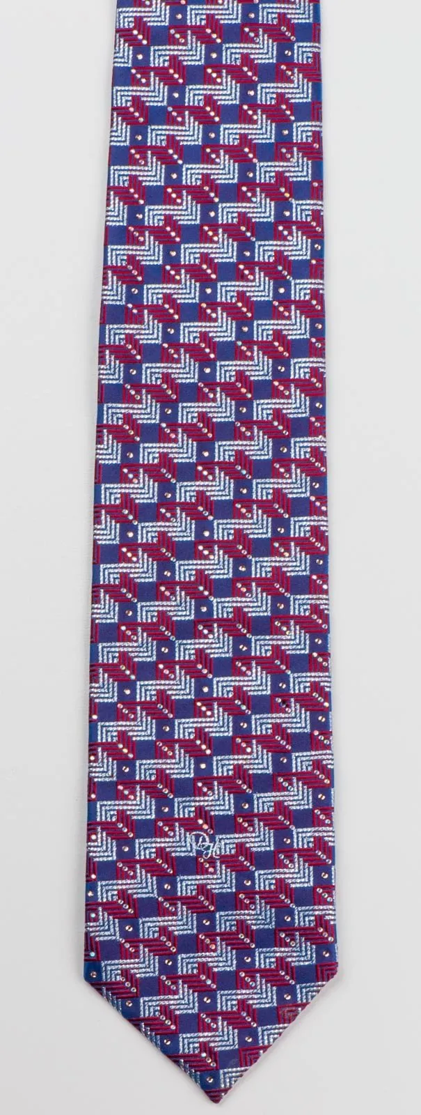 Daniel Hechter Men's Silk Rhinestone Necktie Silver & Red Lattice On Blue With Silver Sparkles