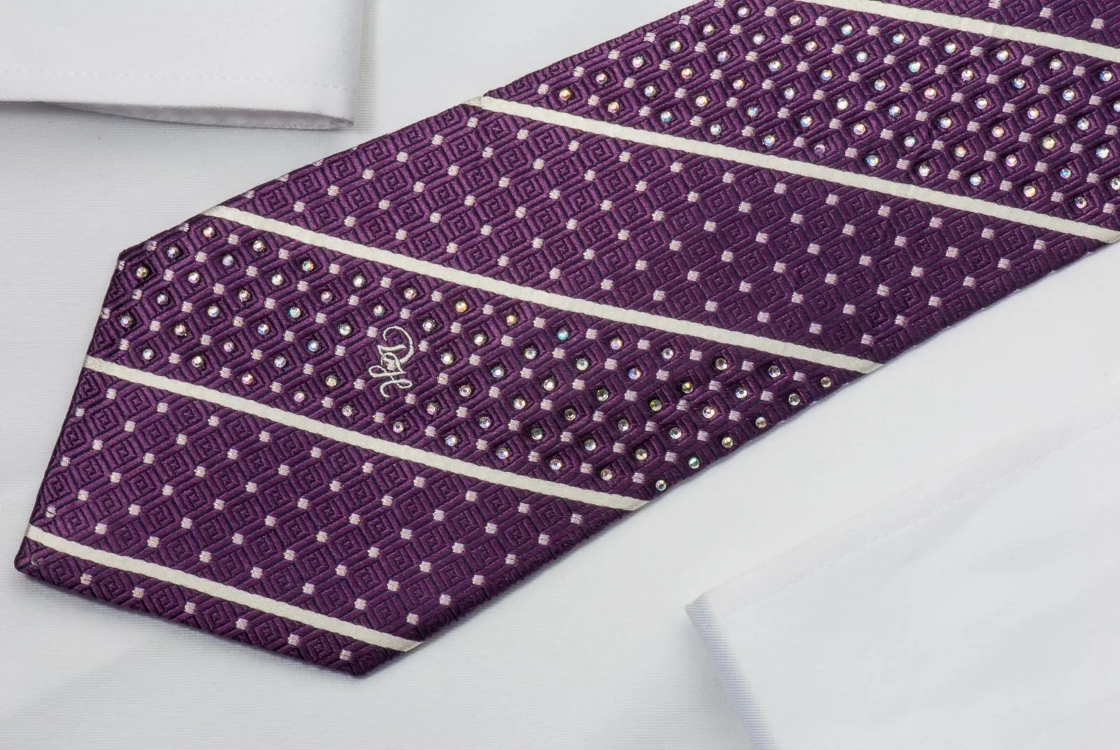 Daniel Hechter Rhinestone Tie Silver Stripes On Purple With Silver Sparkles