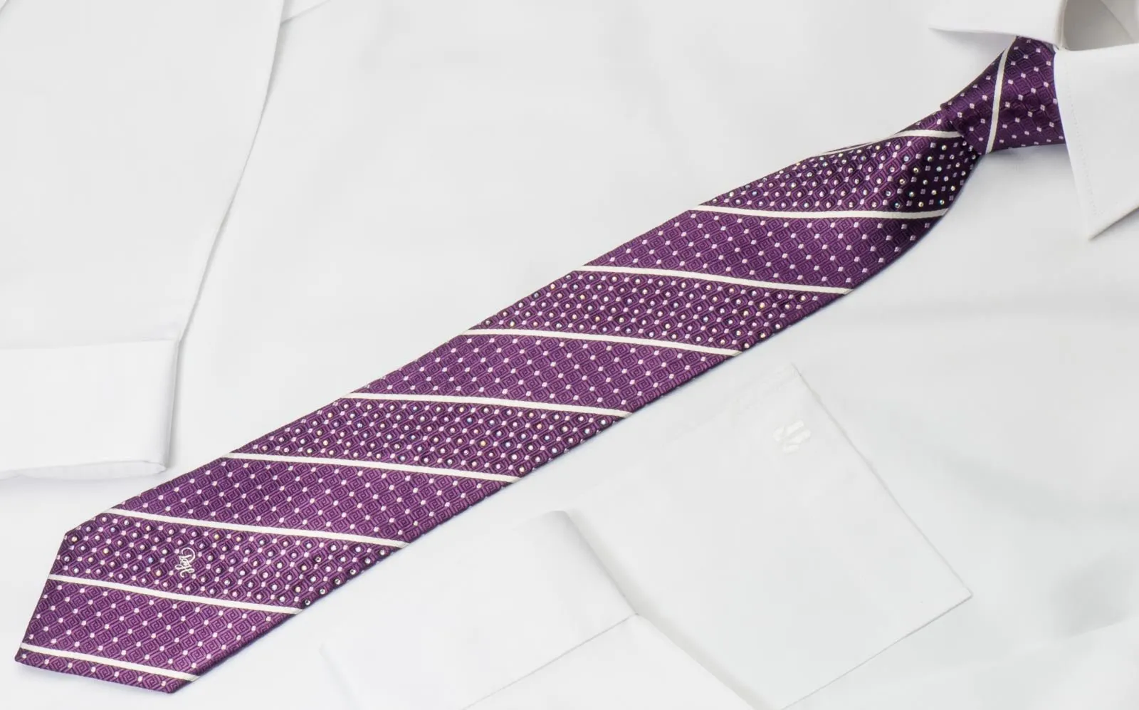 Daniel Hechter Rhinestone Tie Silver Stripes On Purple With Silver Sparkles
