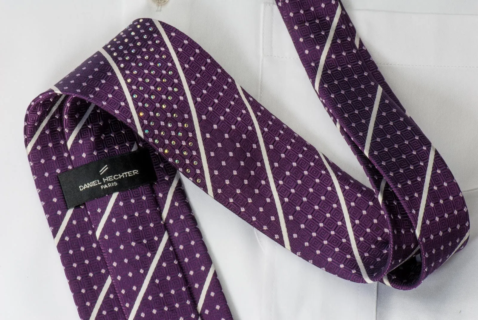 Daniel Hechter Rhinestone Tie Silver Stripes On Purple With Silver Sparkles