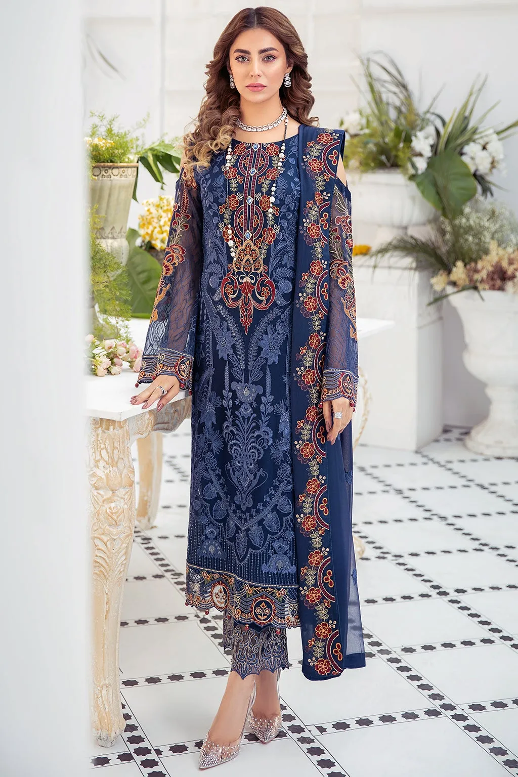 Dark Blue Pakistani Dress in Premium Chiffon #PF369