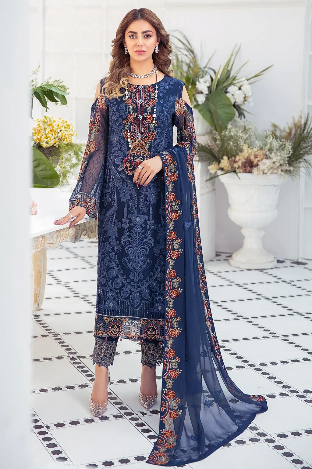 Dark Blue Pakistani Dress in Premium Chiffon #PF369