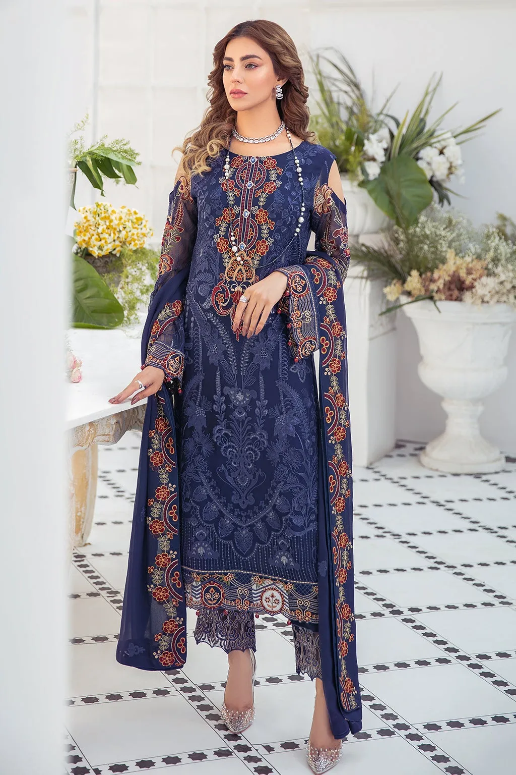 Dark Blue Pakistani Dress in Premium Chiffon #PF369