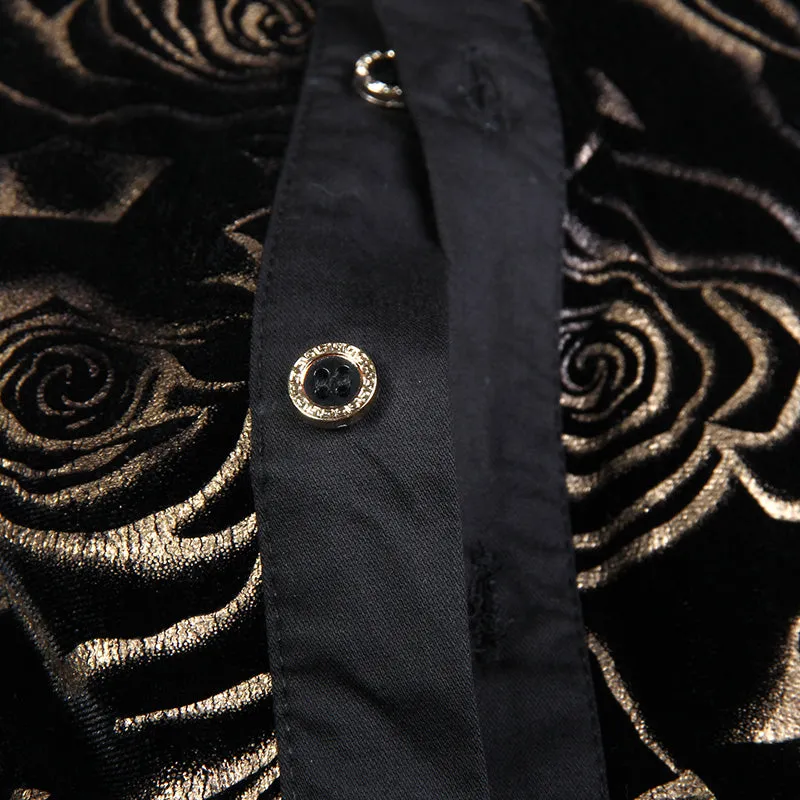 Dark Gold Floral Velvet Men Long Sleeves Shirt