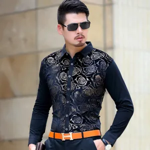 Dark Gold Floral Velvet Men Long Sleeves Shirt