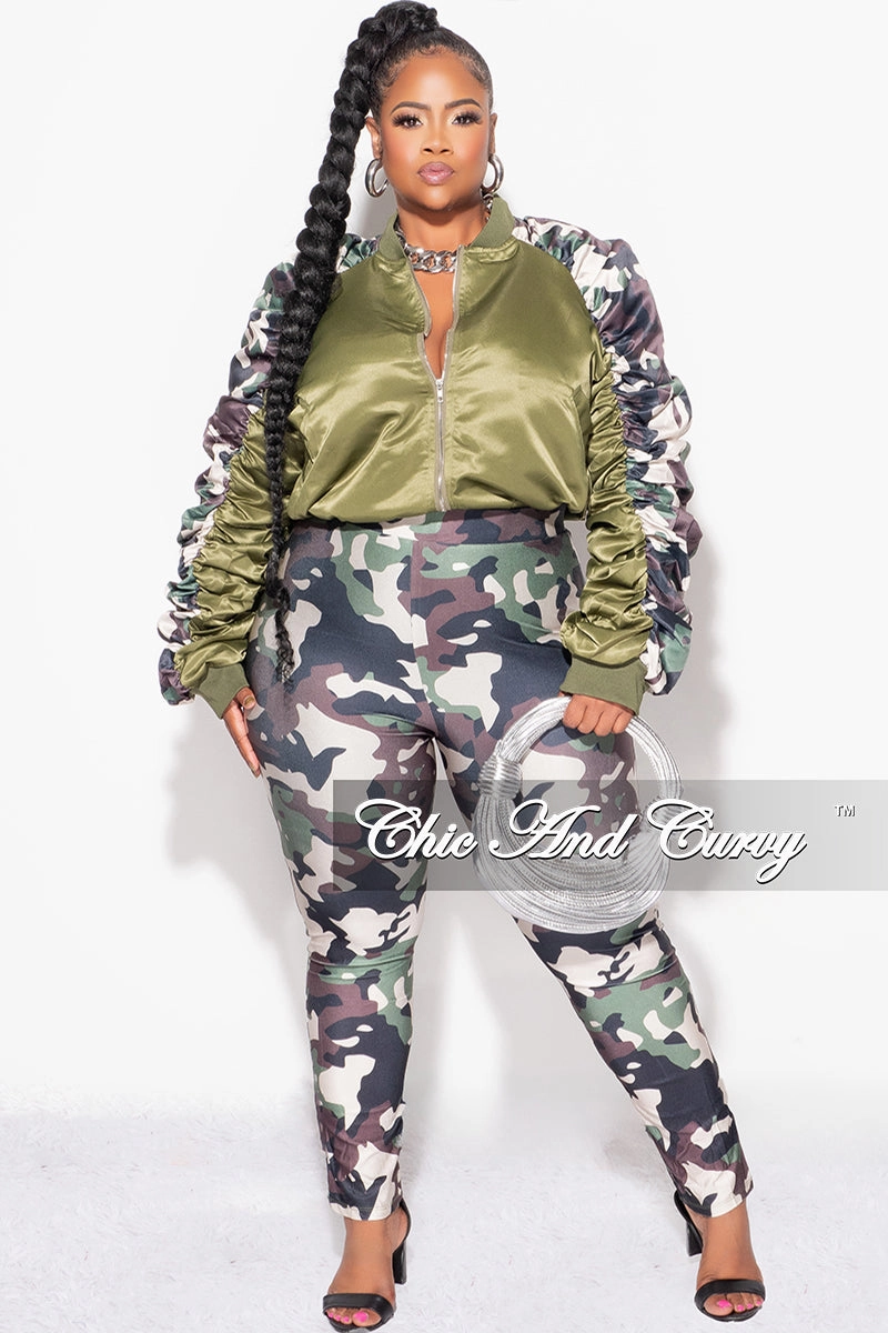 Stay Comfortable Final Sale Plus Size 2pc Satin Crop Zip Up Jacket and Legging Set in Camouflage Print