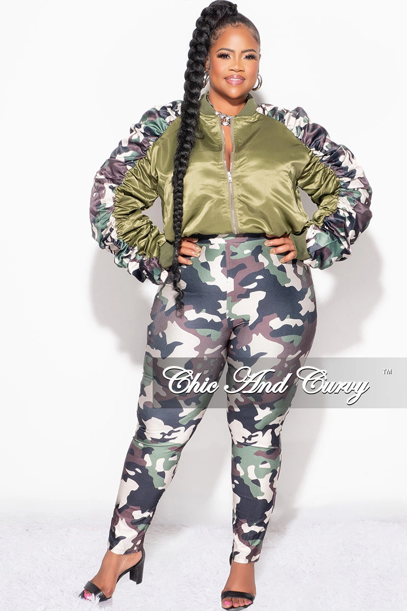 Breathable Design Structured Hemline Final Sale Plus Size 2pc Satin Crop Zip Up Jacket and Legging Set in Camouflage Print