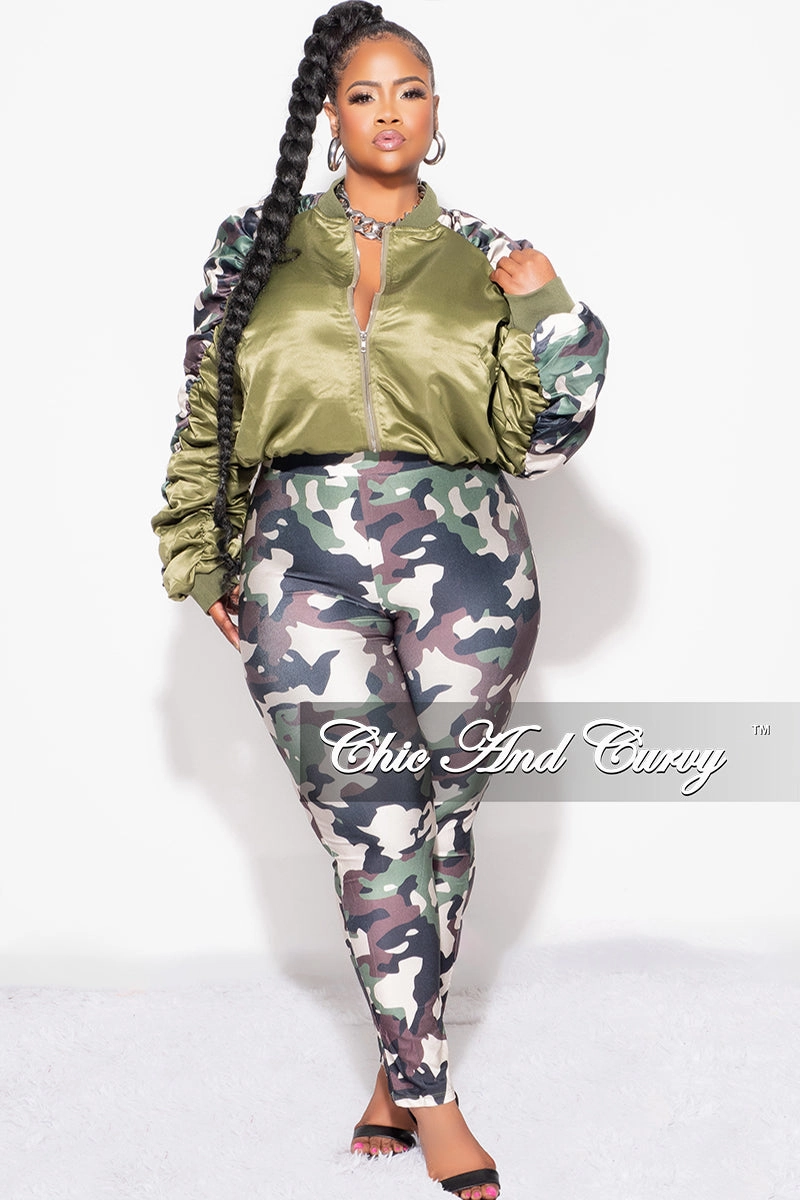Lightweight insulation Final Sale Plus Size 2pc Satin Crop Zip Up Jacket and Legging Set in Camouflage Print