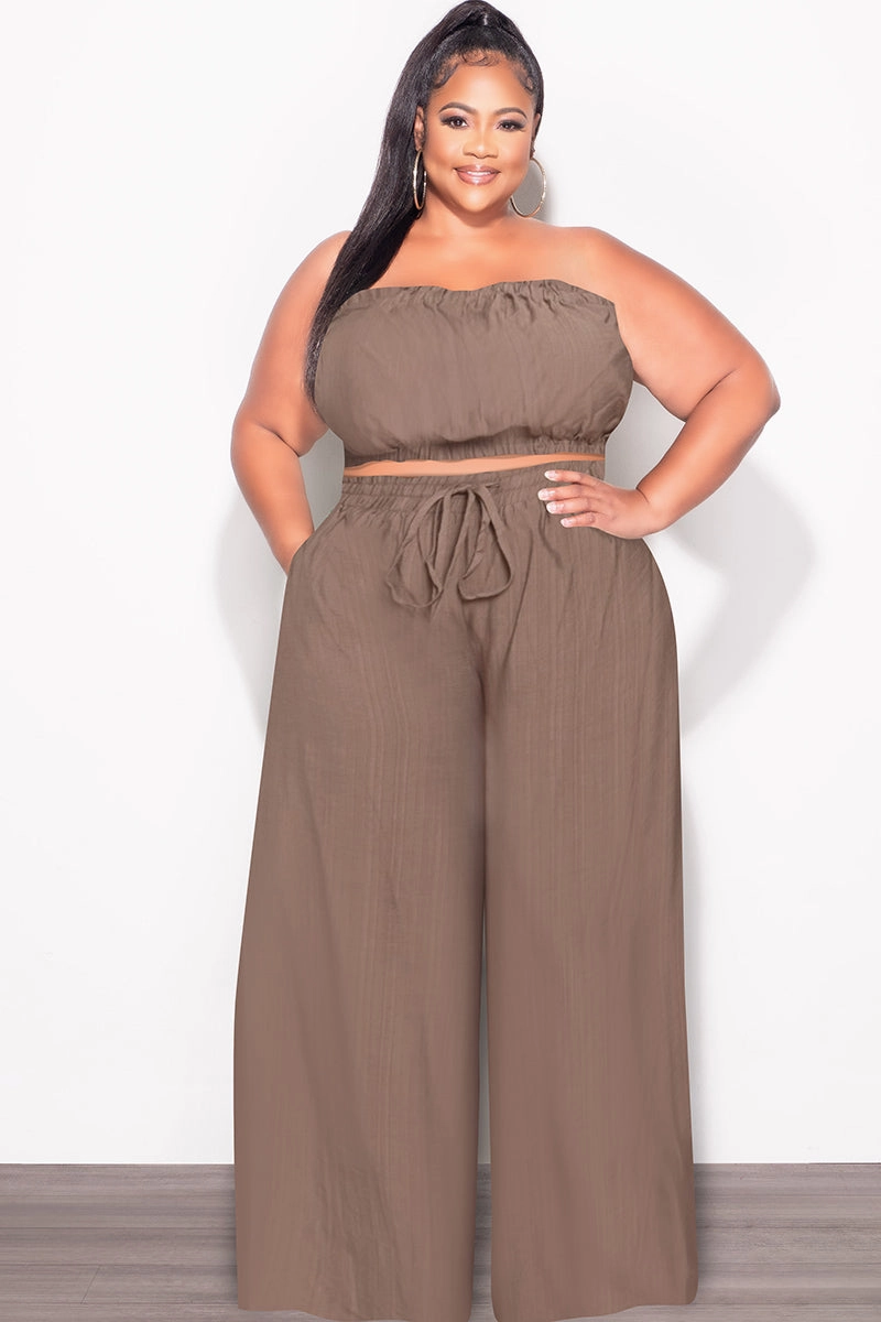 Final Sale Plus Size 2pc Strapless Crop Top and Flare Pants Set In Mocha Brown OdorResistantFinish QuickDryTechnology