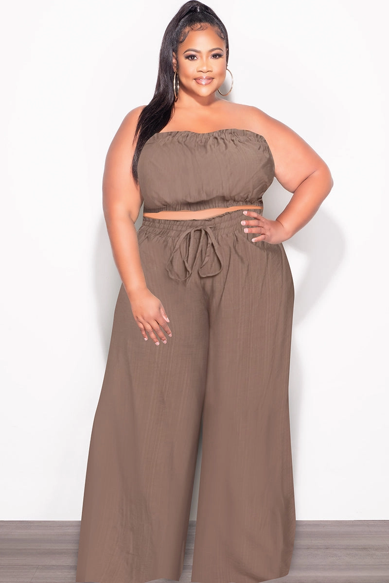 Non Irritating Tags Basic Utility Final Sale Plus Size 2pc Strapless Crop Top and Flare Pants Set In Mocha Brown